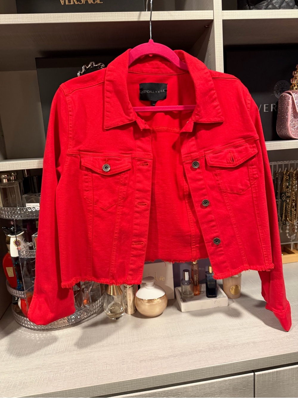 Kendall & Kylie Bright Red Cropped Denim Jacket